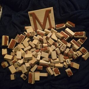 Giant Lot Of 120 Wooden Alphabet and Number Rubber Stamp Set Few Used Most New